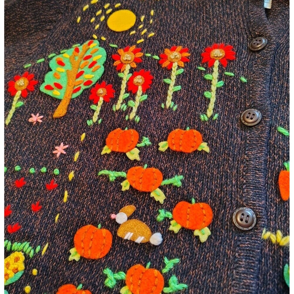 Vtg 90s Susan Bristol Farmcore Knit Cardigan M Sweater Cow Garden Cottagecore - Picture 7 of 11